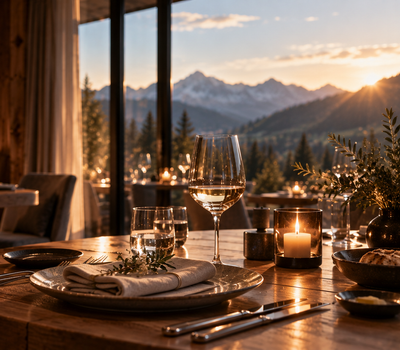 Set restaurant table with a wine glass, candles and mountain view at sunset.