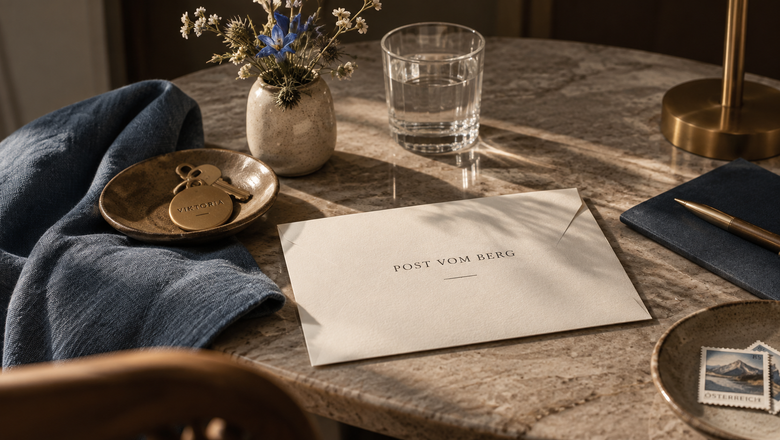Desk with envelope, key, glass of water and flower vase in an interior.