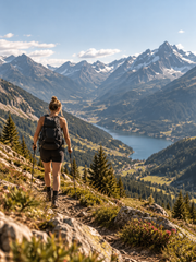 A hiker on a mountain trail looks over a valley with a lake and high alpine peaks.