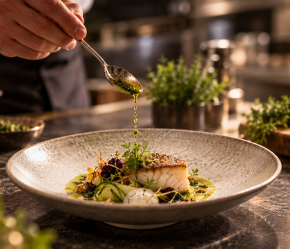 A chef spoons sauce over a plated fish dish in a deep bowl in a restaurant kitchen.