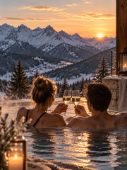 A couple sits in an outdoor pool holding glasses in front of snow-covered mountains at sunset.