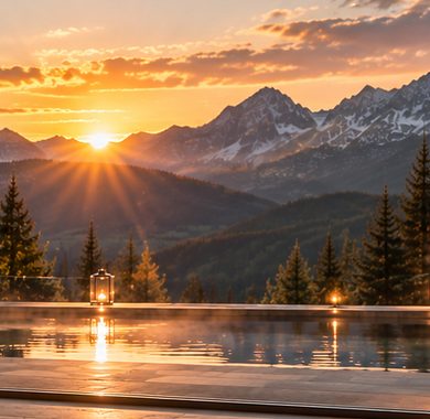 Wellness area with infinity pool and panoramic window facing mountains at sunset.