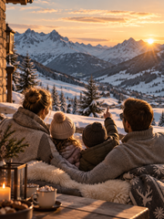 Family on a terrace facing snow-covered mountains at sunset.