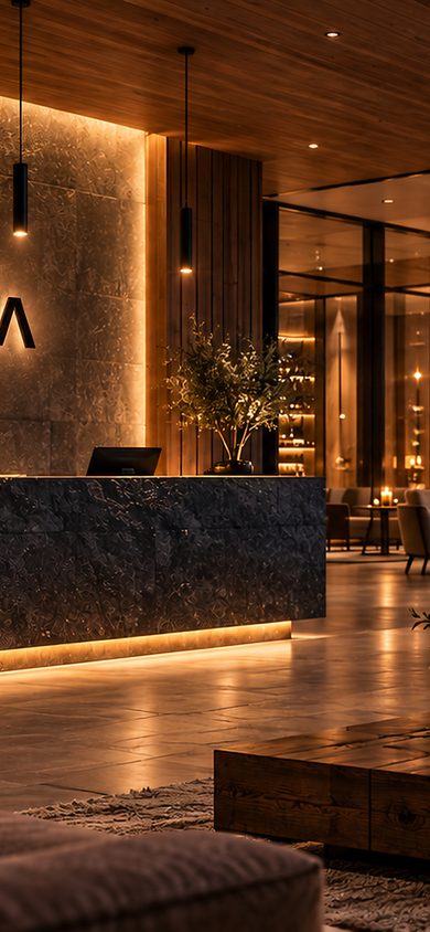 Hotel lobby with reception desk, seating area and fireplace in warm lighting.