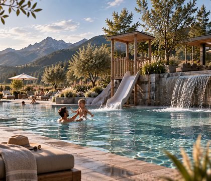 Family and children in an outdoor pool with slide and waterfall in front of mountain scenery.