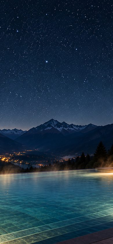 Illuminated outdoor pool on a terrace facing a mountain panorama at night under a starry sky.