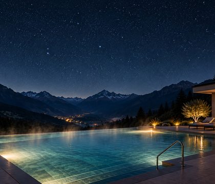 Illuminated outdoor pool on a terrace facing a mountain panorama at night under a starry sky.