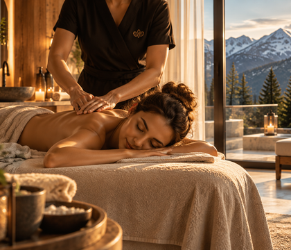 A woman receives a back massage in a spa room with a large window and mountain view.