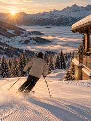 A skier descends a snowy slope with alpine peaks, sunrise, and a sea of clouds in the valley.
